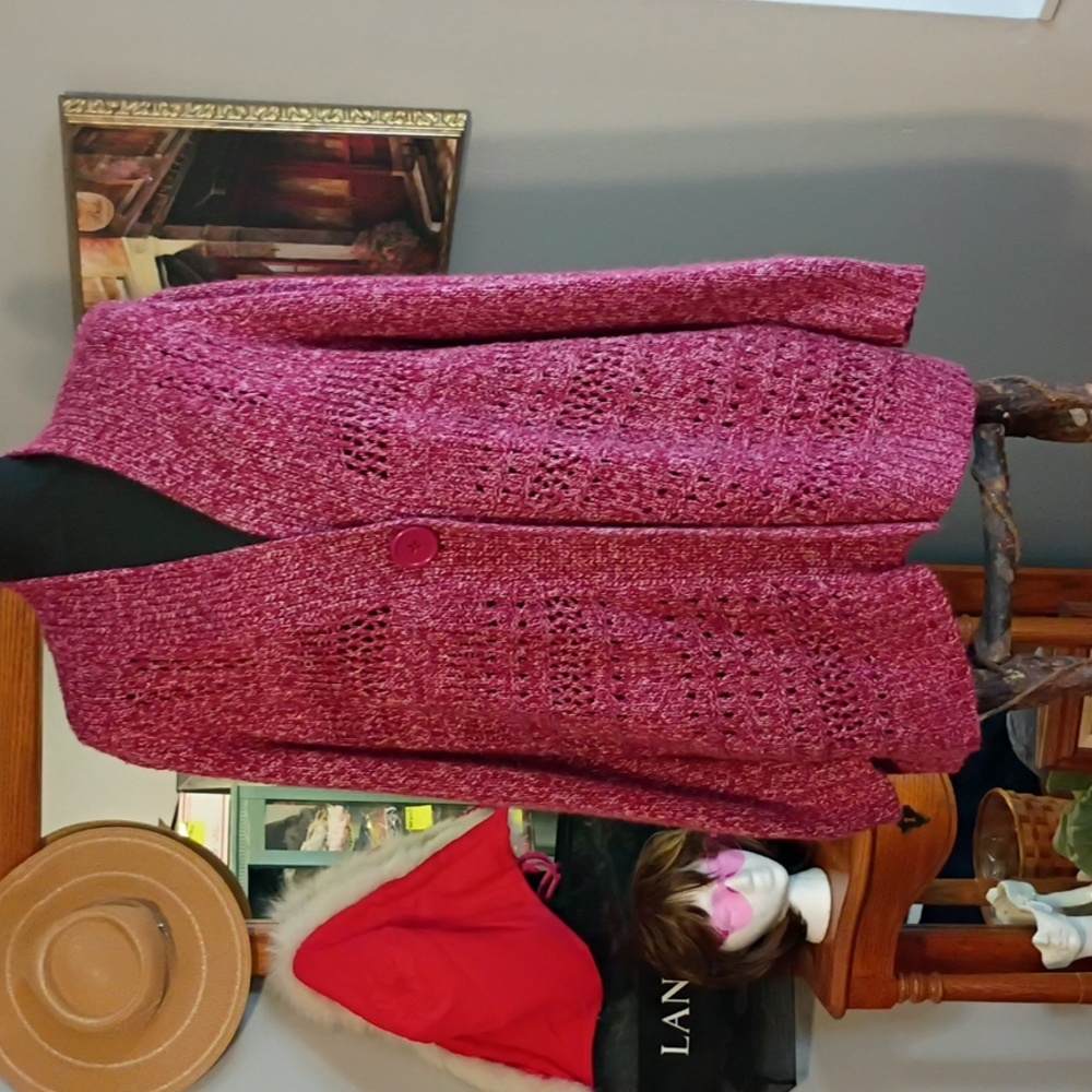 Carolyn Taylor Marled Raspberry Pink Button-Front Knit Cardigan
